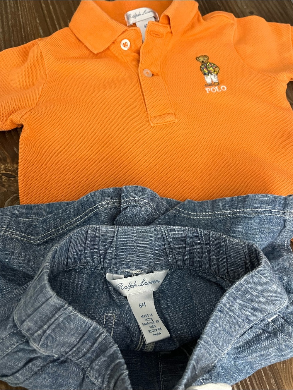 Ralph Lauren 2-pc Orange Pique Polo Shirt Chambray Shorts Set Size 6 Months - Picture 7 of 10